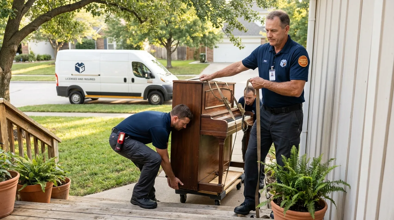 Licensed piano movers securing grand piano in Anna, TX
