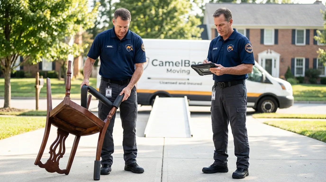 Movers inspecting furniture for damage prevention before loading in Anna, TX
