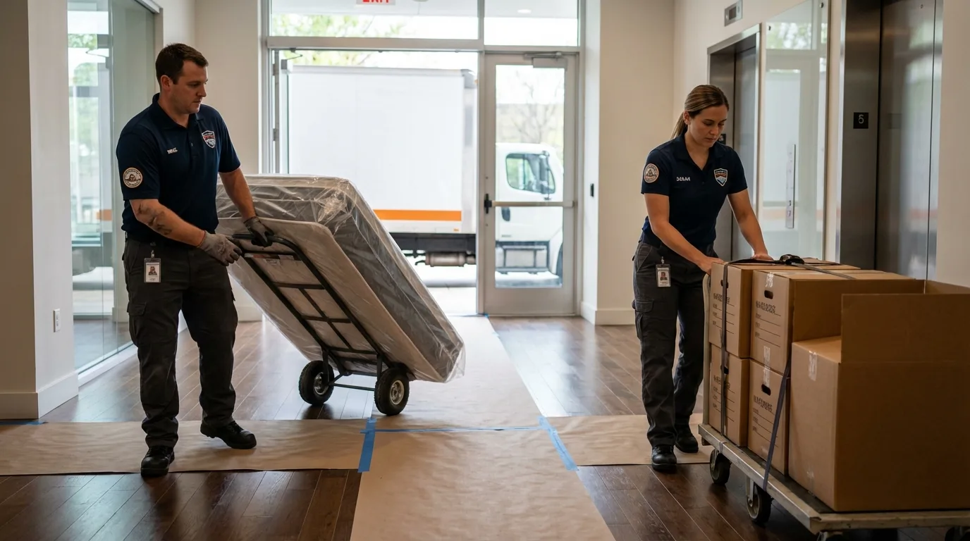 Professional apartment movers loading elevator in Anna, TX